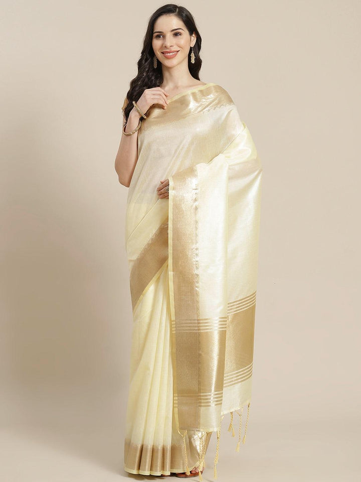 Cream Woven Design Silk Blend Saree - Libas