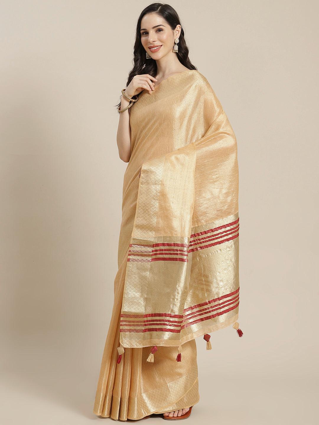 Beige Solid Silk Blend Saree - ShopLibas