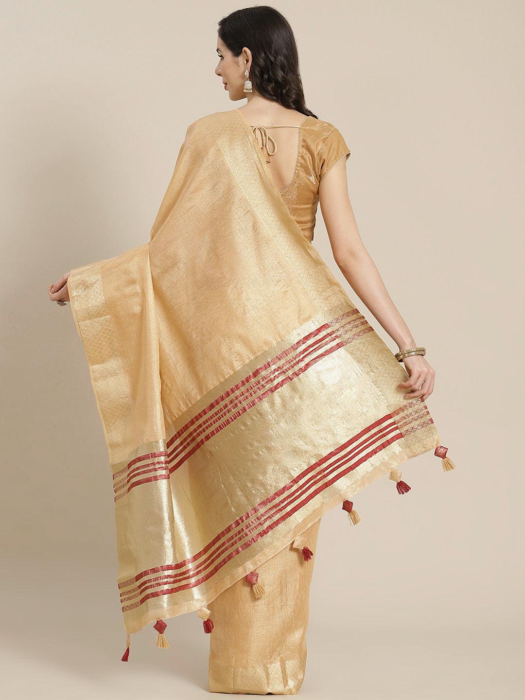 Beige Solid Silk Blend Saree