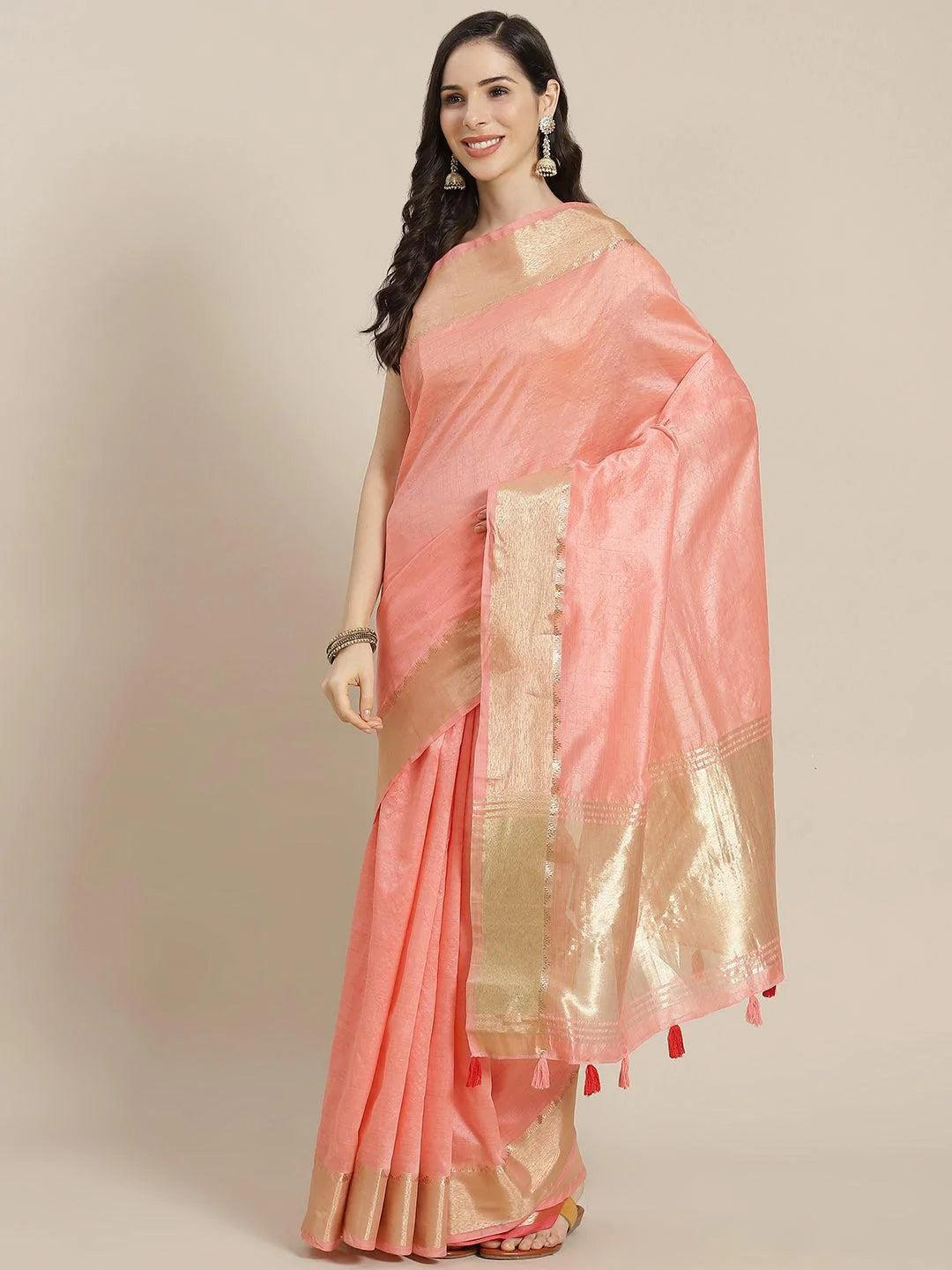 Pink Solid Silk Blend Saree