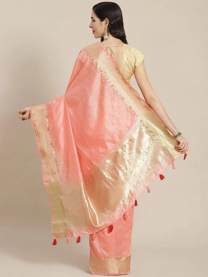 Pink Solid Silk Blend Saree - ShopLibas