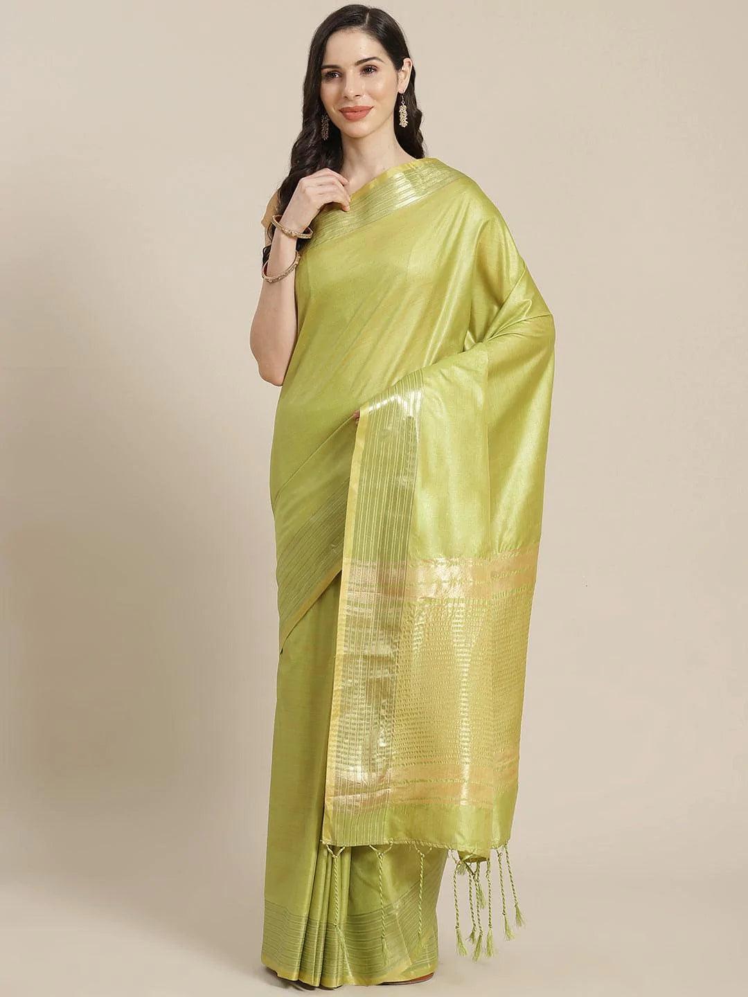 Green Solid Silk Blend Saree