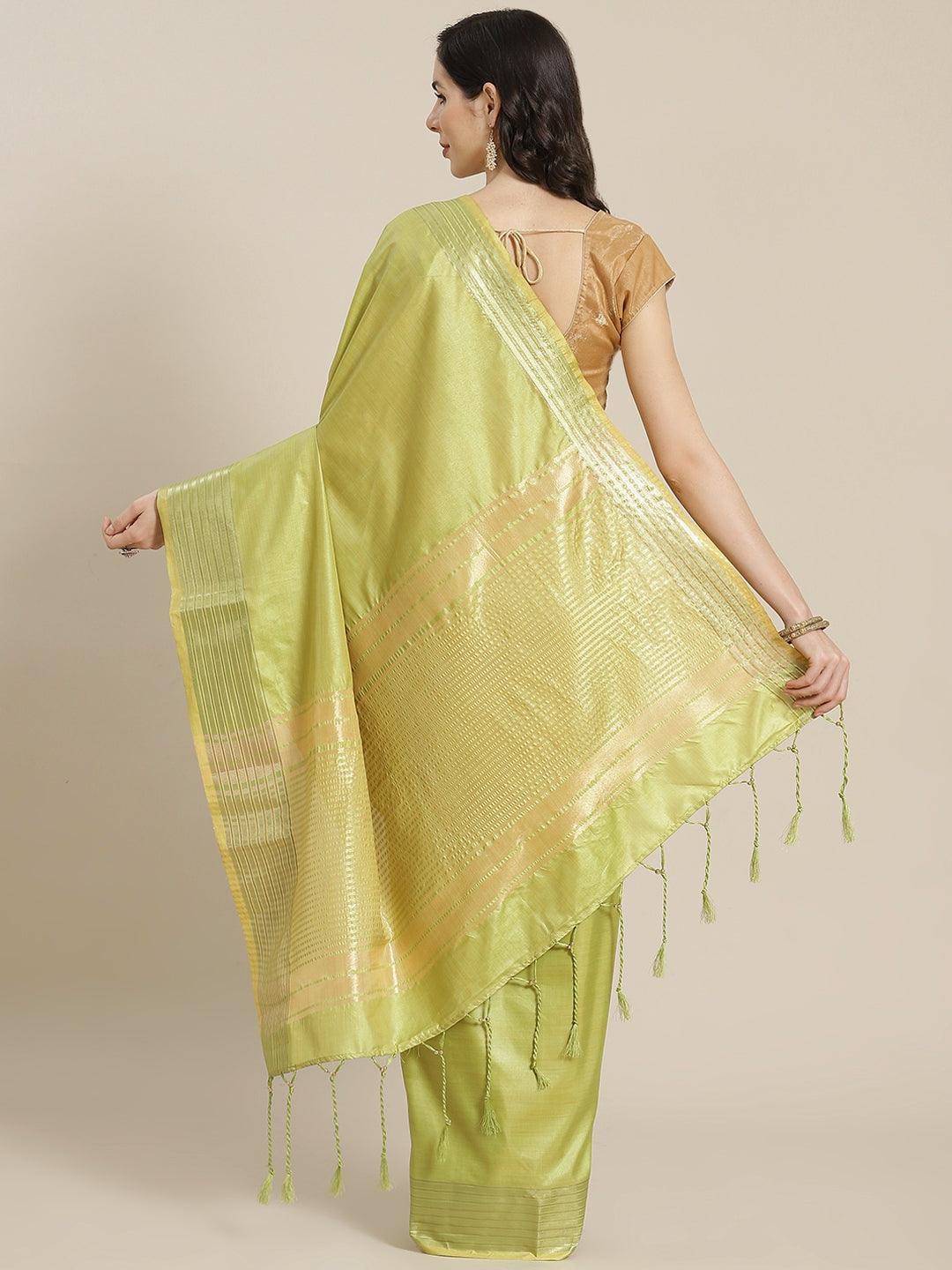 Green Solid Silk Blend Saree