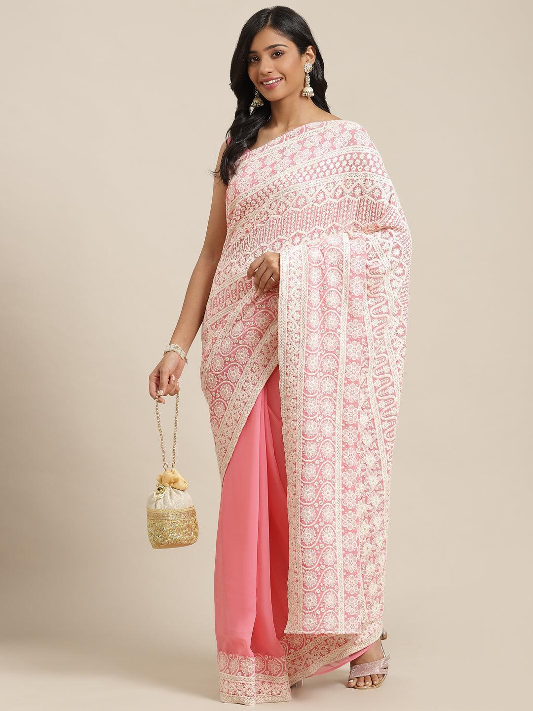 Pink Embroidered Georgette Saree