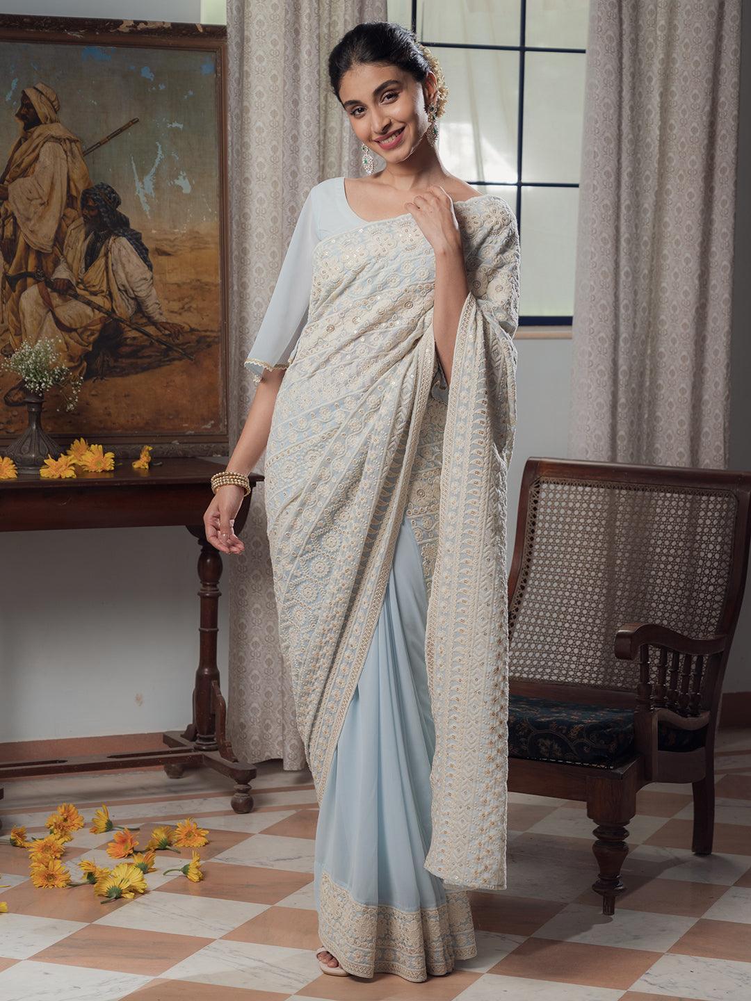 Blue Embroidered Georgette Saree - ShopLibas