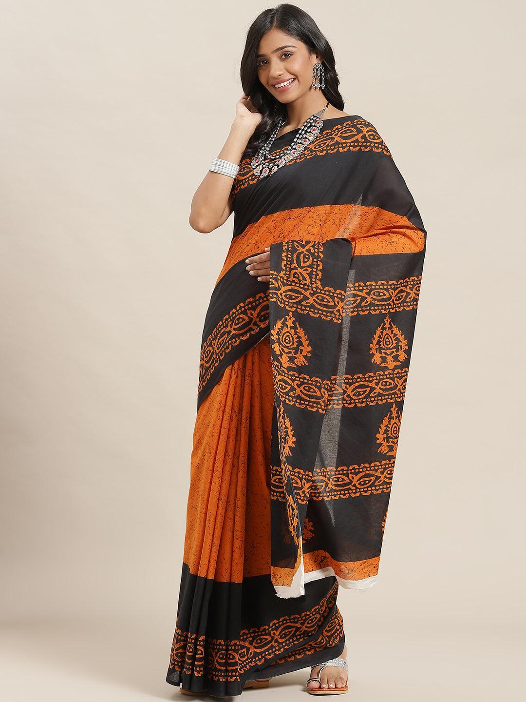 Orange Printed Cotton Saree - ShopLibas