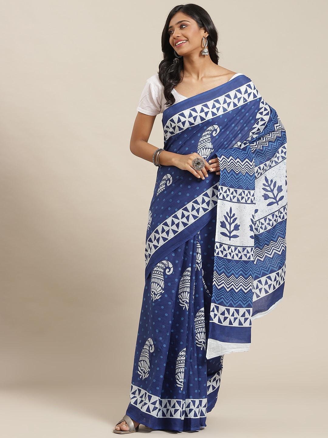 Blue Printed Cotton Saree - ShopLibas