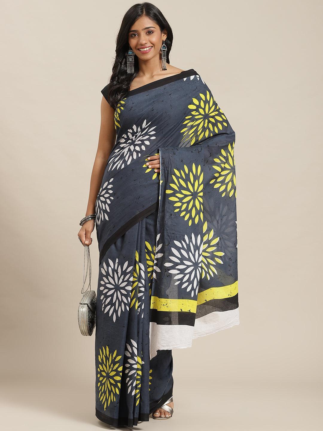 Grey Printed Cotton Saree - ShopLibas