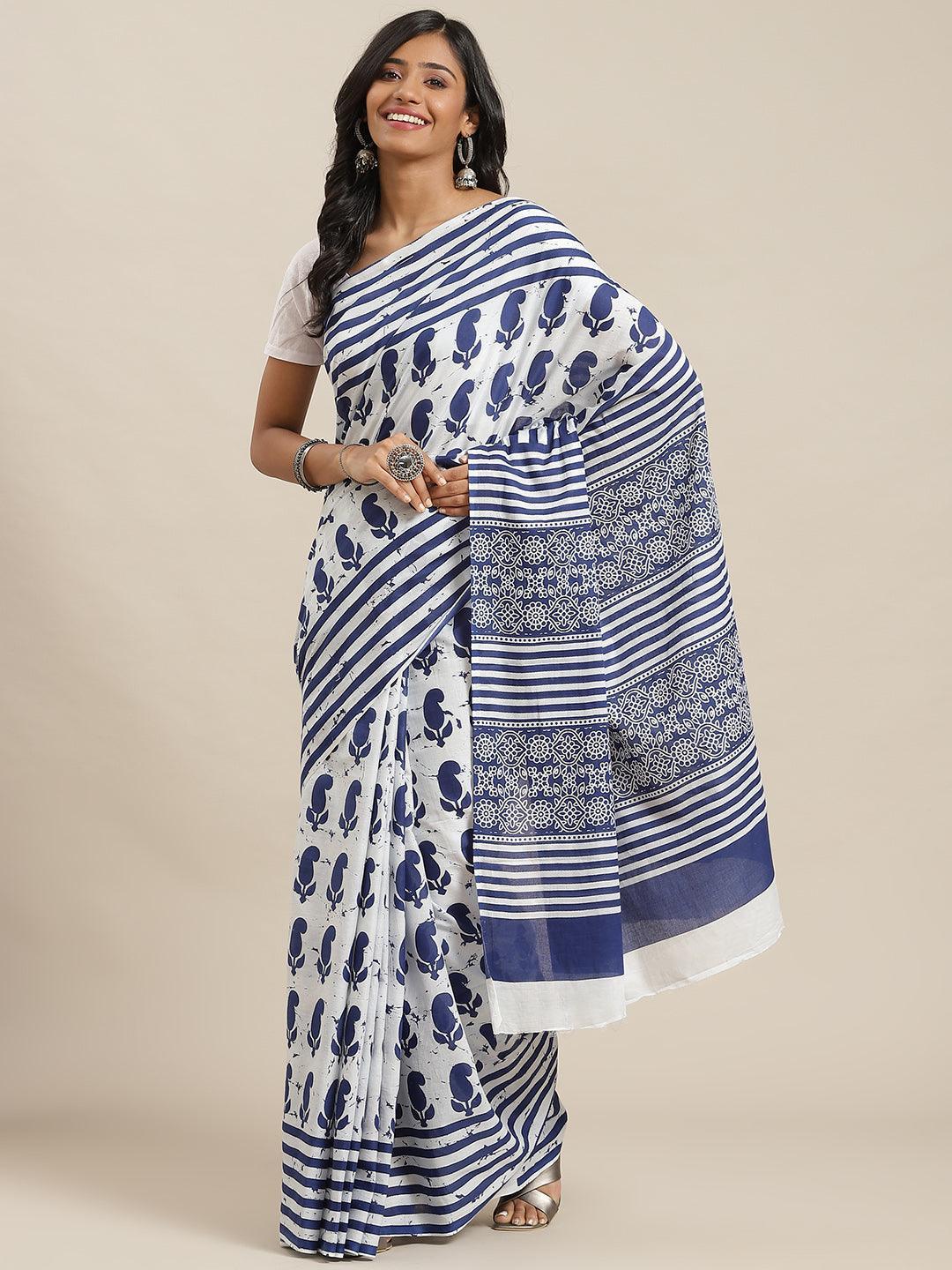 Blue Printed Cotton Saree - ShopLibas