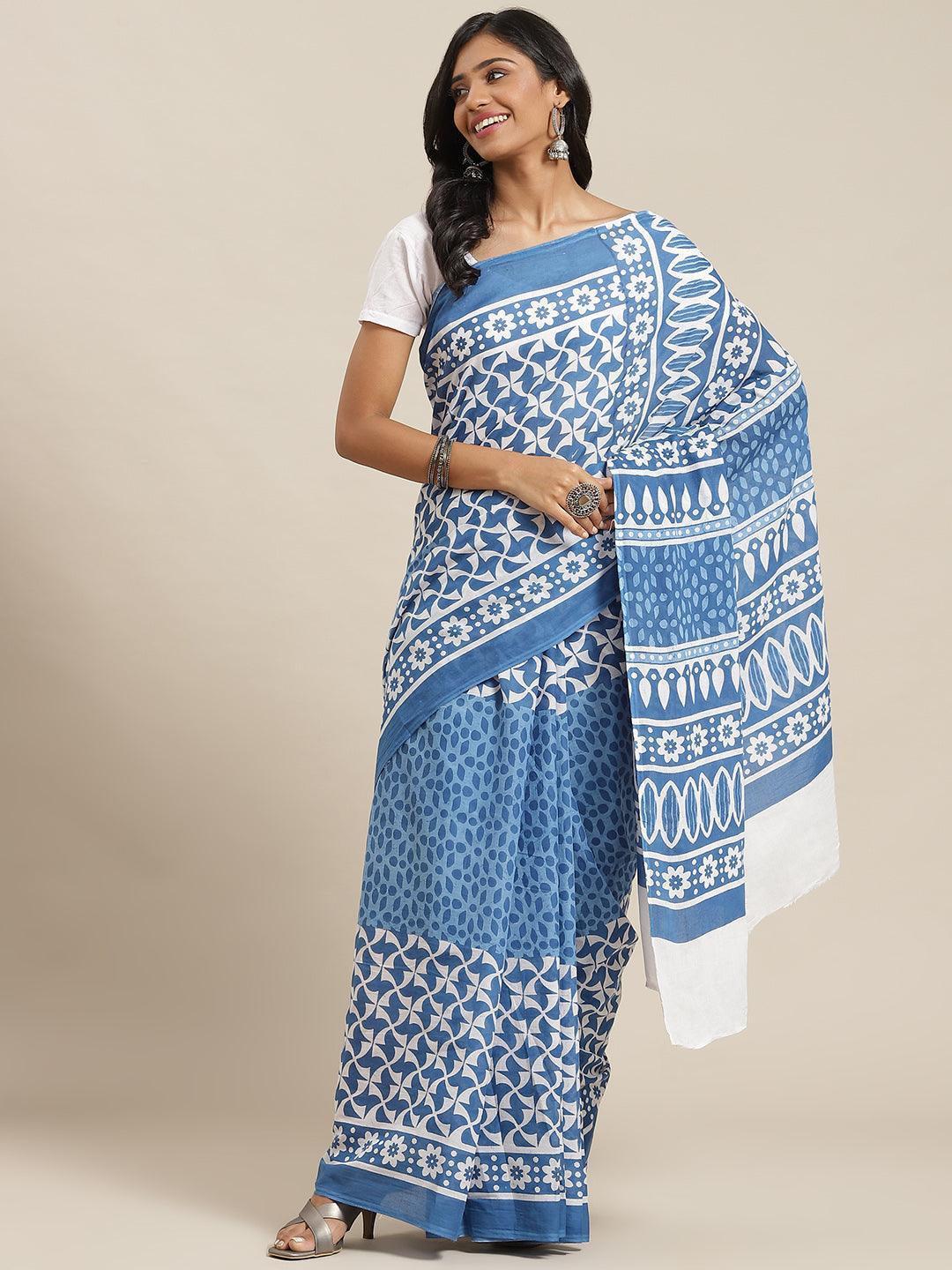 Blue Printed Cotton Saree - ShopLibas