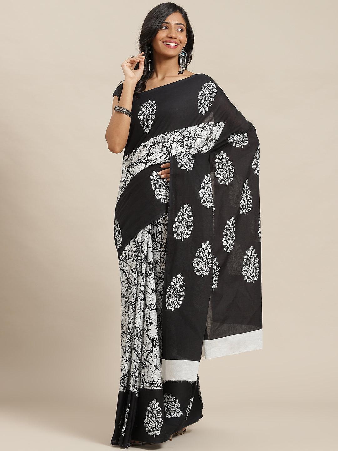 Black Printed Cotton Saree - ShopLibas