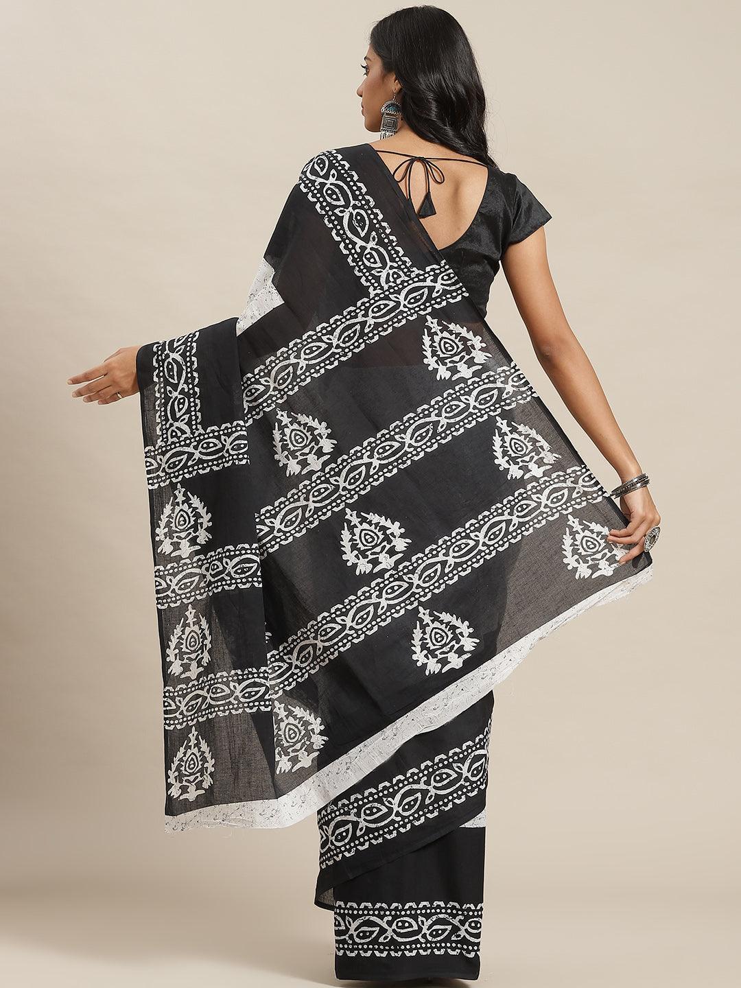 Black Printed Cotton Saree - ShopLibas