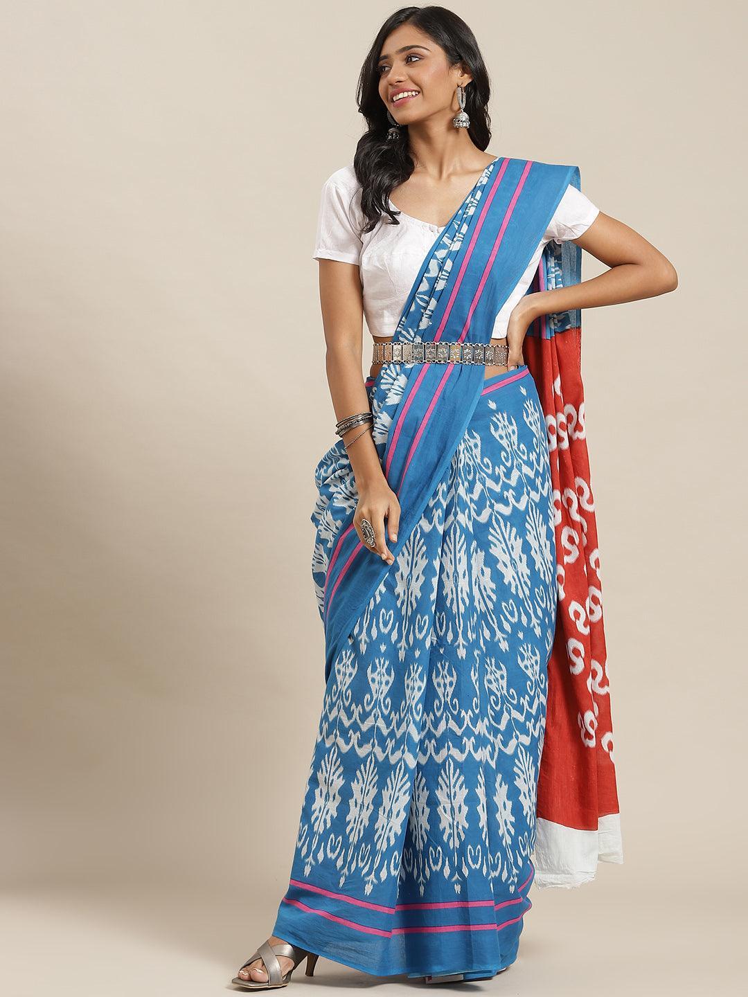 Blue Printed Cotton Saree