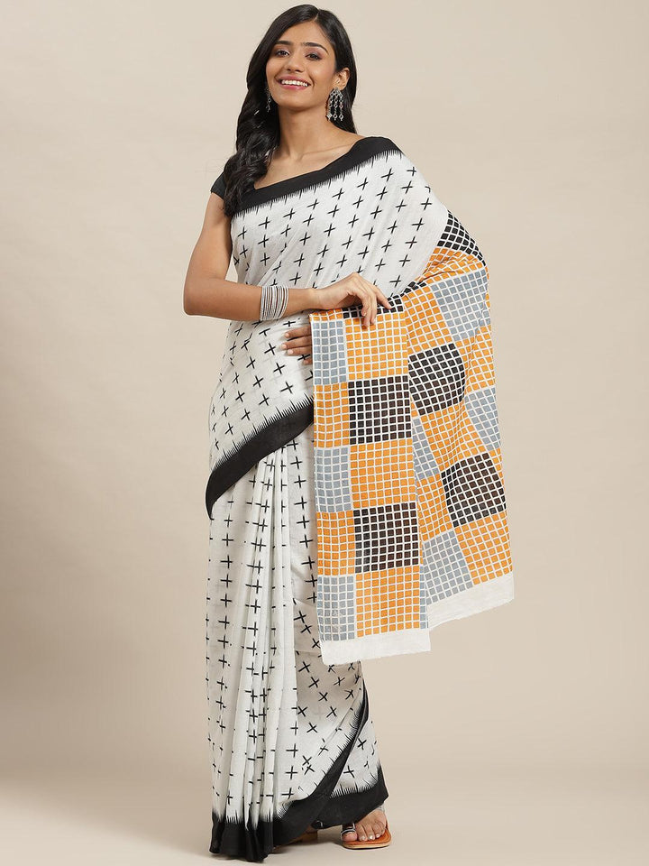 White Printed Cotton Saree - ShopLibas