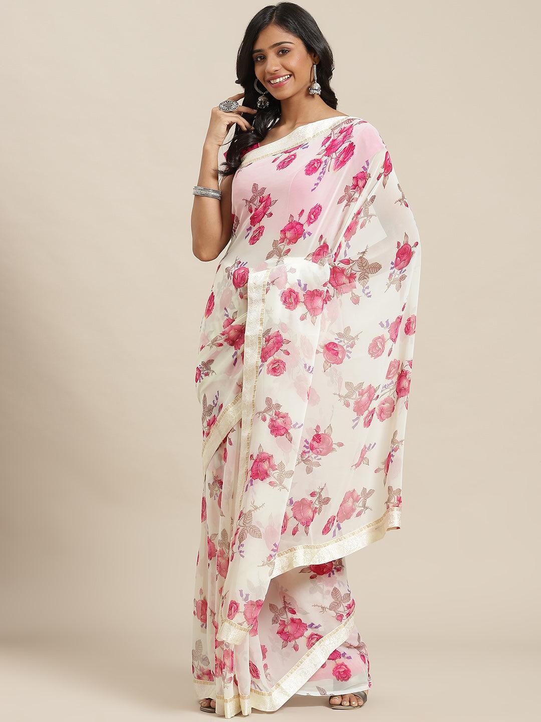 Cream Printed Georgette Saree - ShopLibas