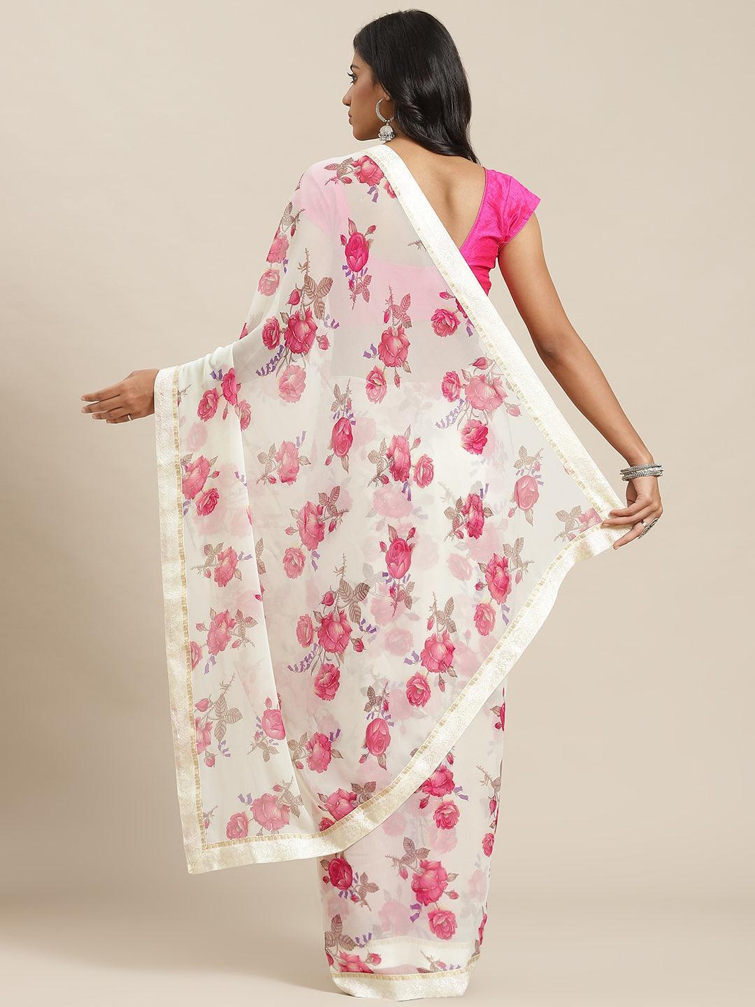 Cream Printed Georgette Saree - ShopLibas