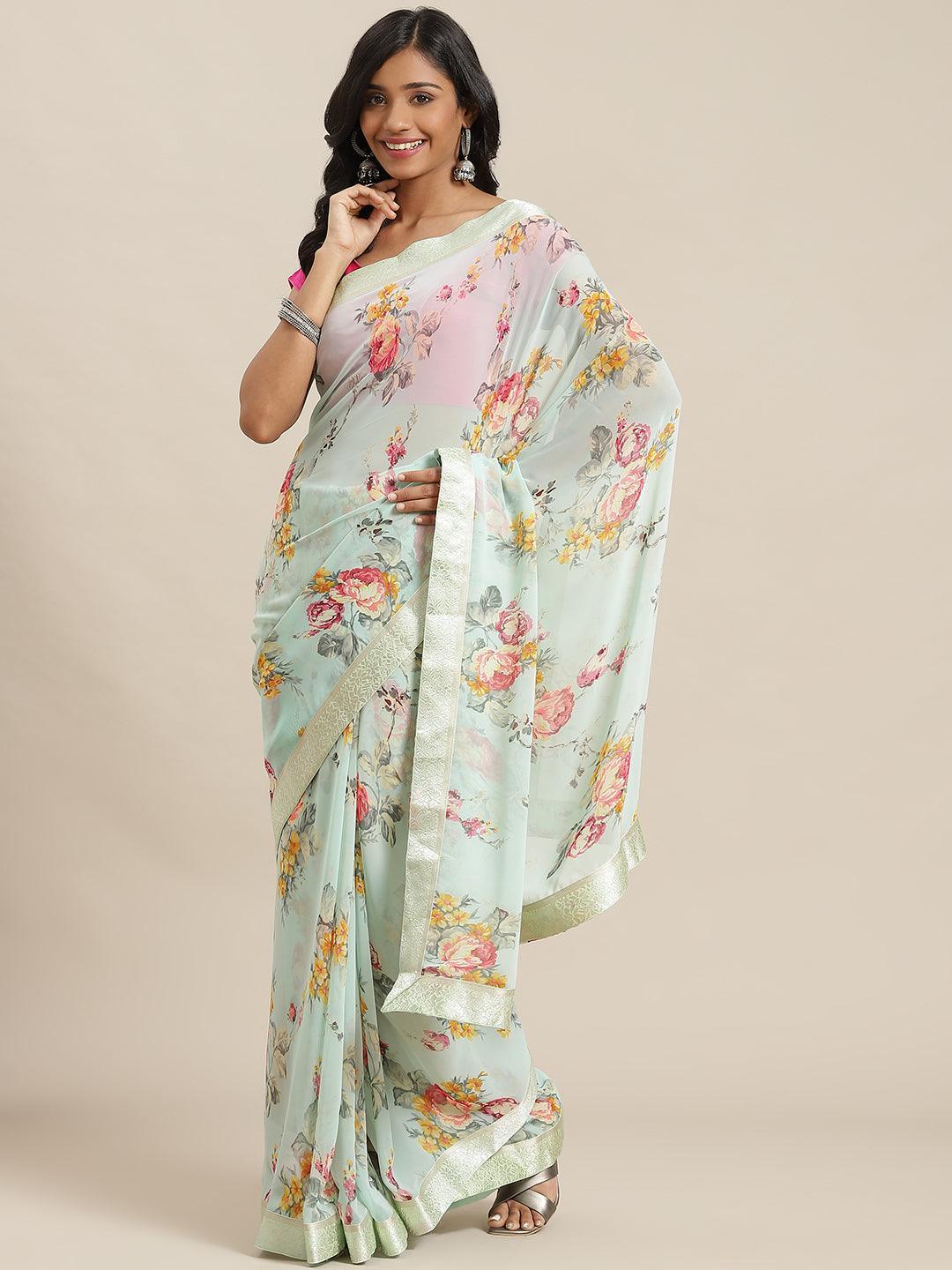 Green Printed Georgette Saree - ShopLibas