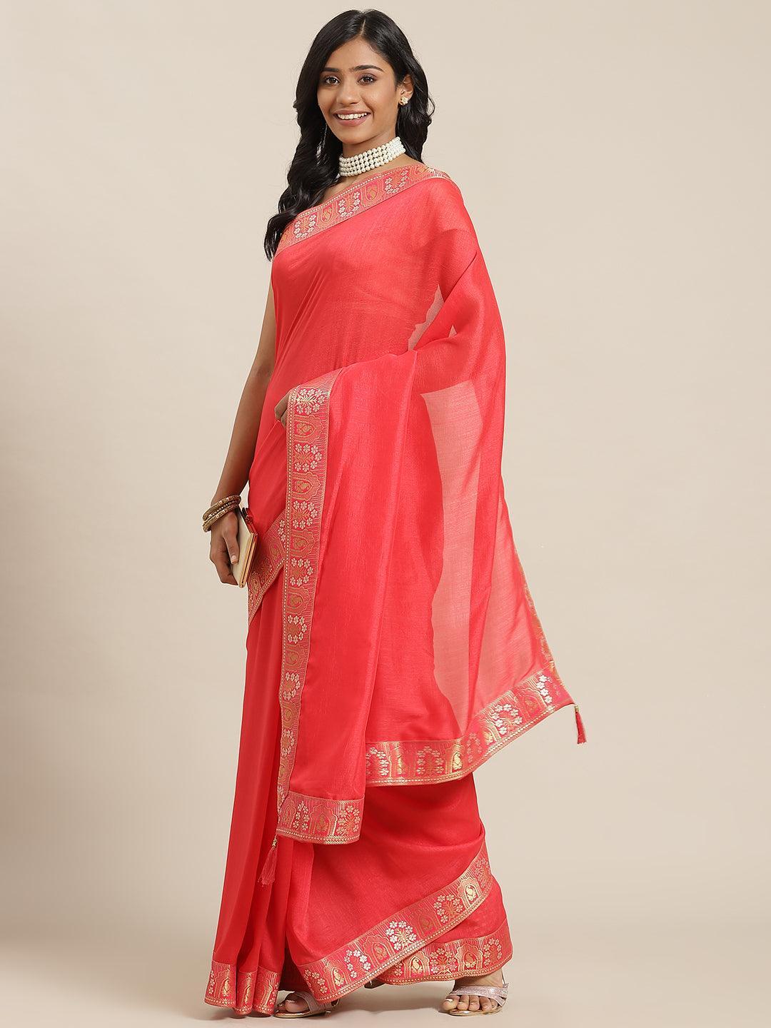 Red Solid Silk Blend Saree - ShopLibas