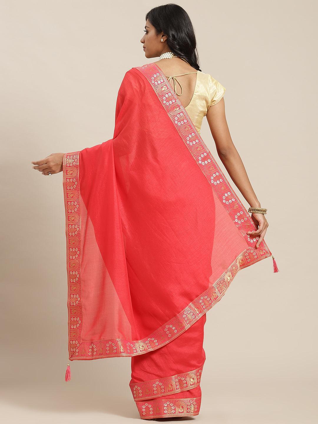 Red Solid Silk Blend Saree