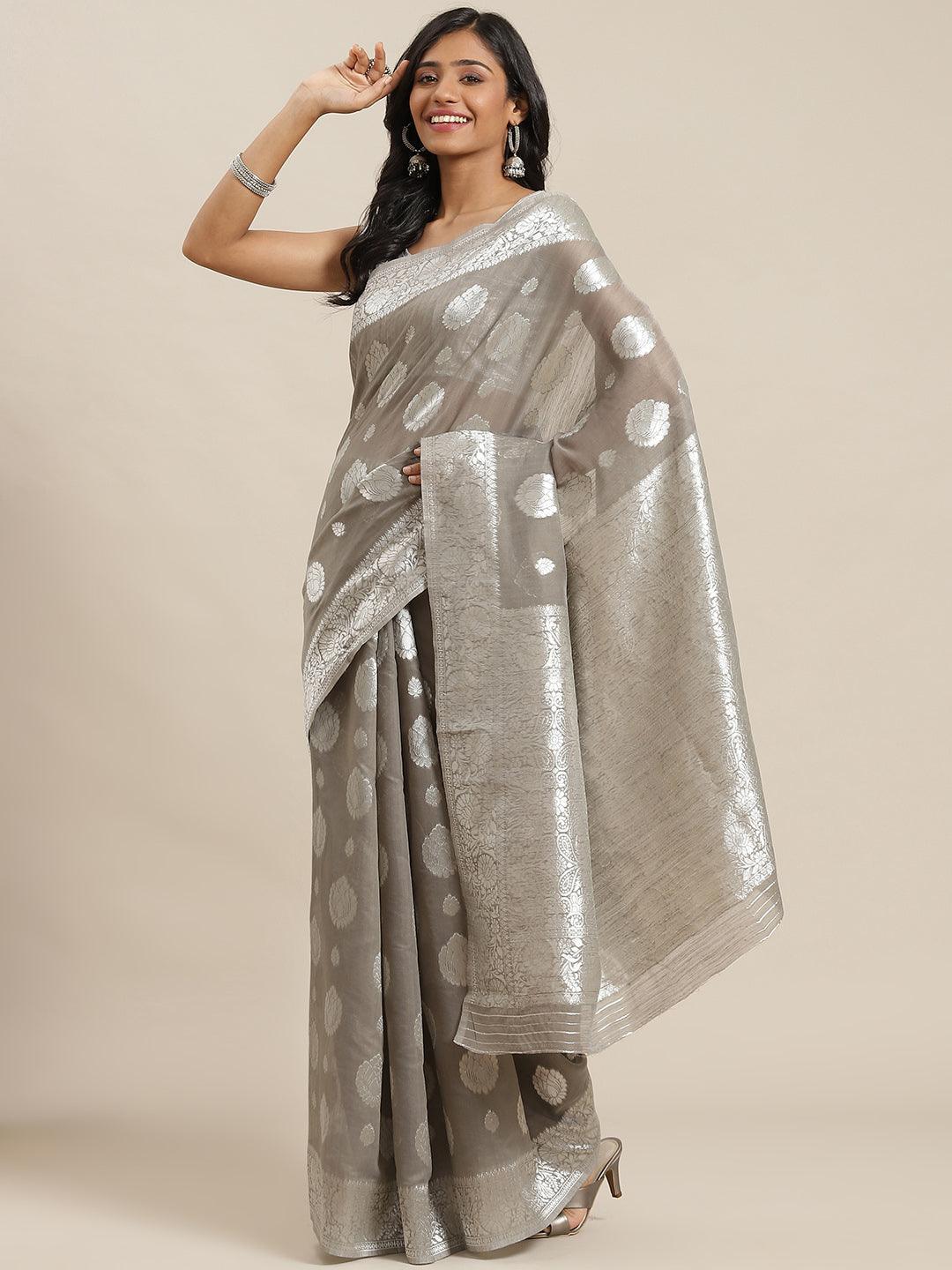 Grey Woven Design Brocade Saree