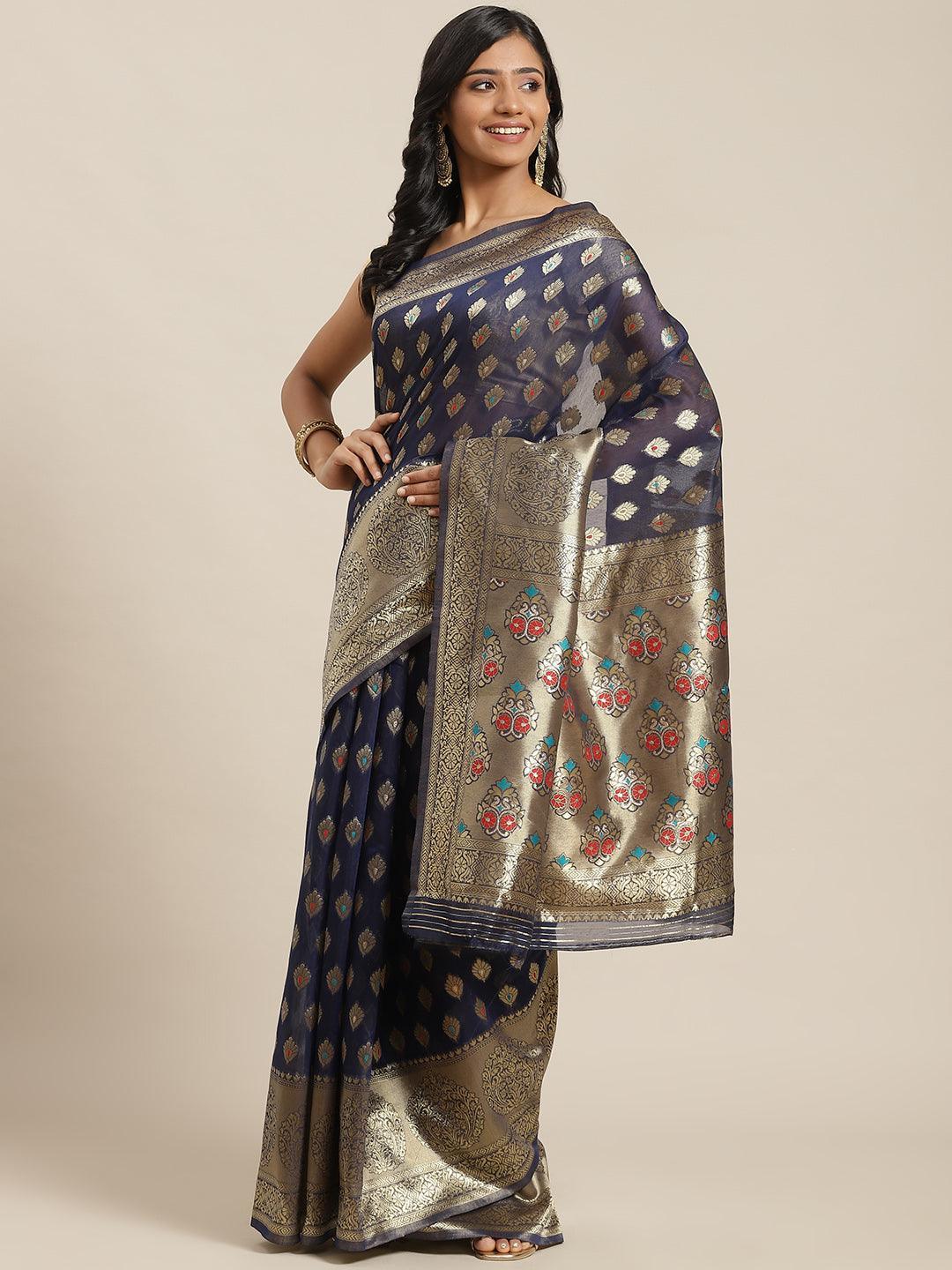 Blue Woven Design Brocade Saree - ShopLibas