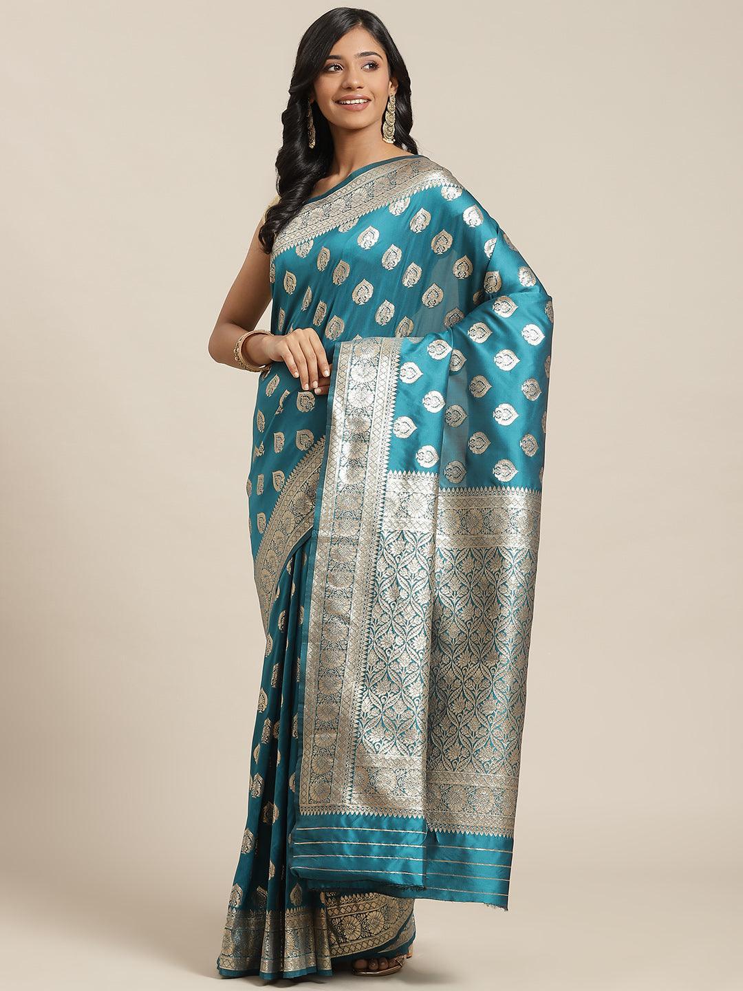 Blue Woven Design Brocade Saree - ShopLibas