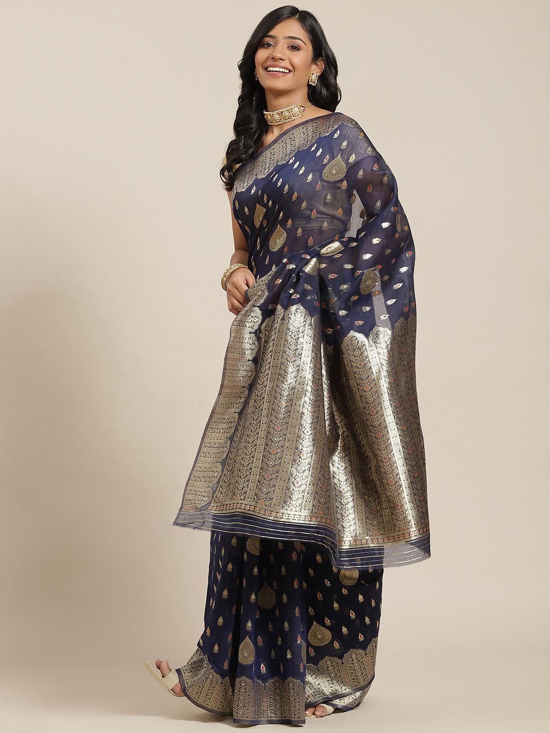 Blue Woven Design Brocade Saree - ShopLibas