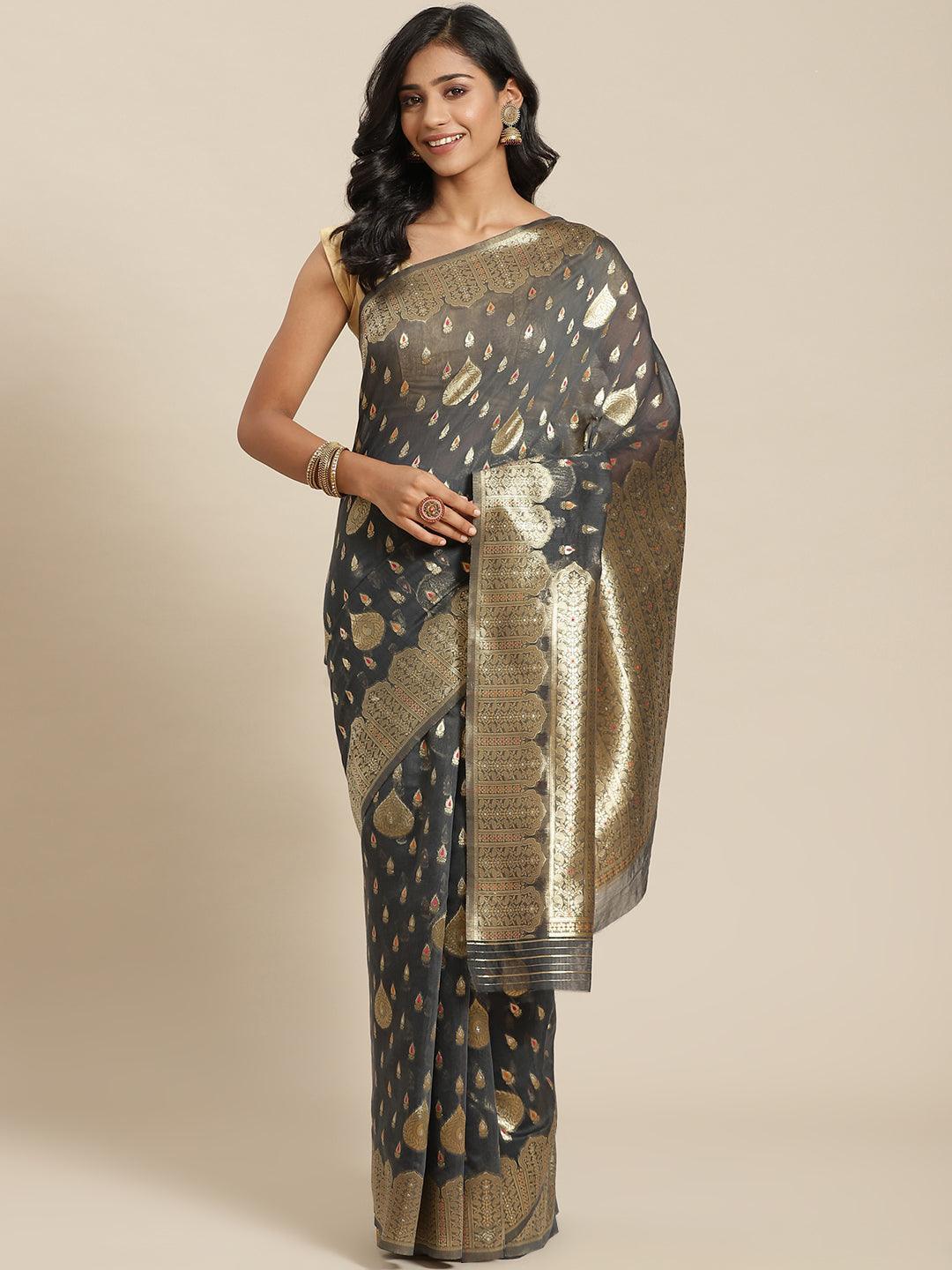 Grey Woven Design Brocade Saree