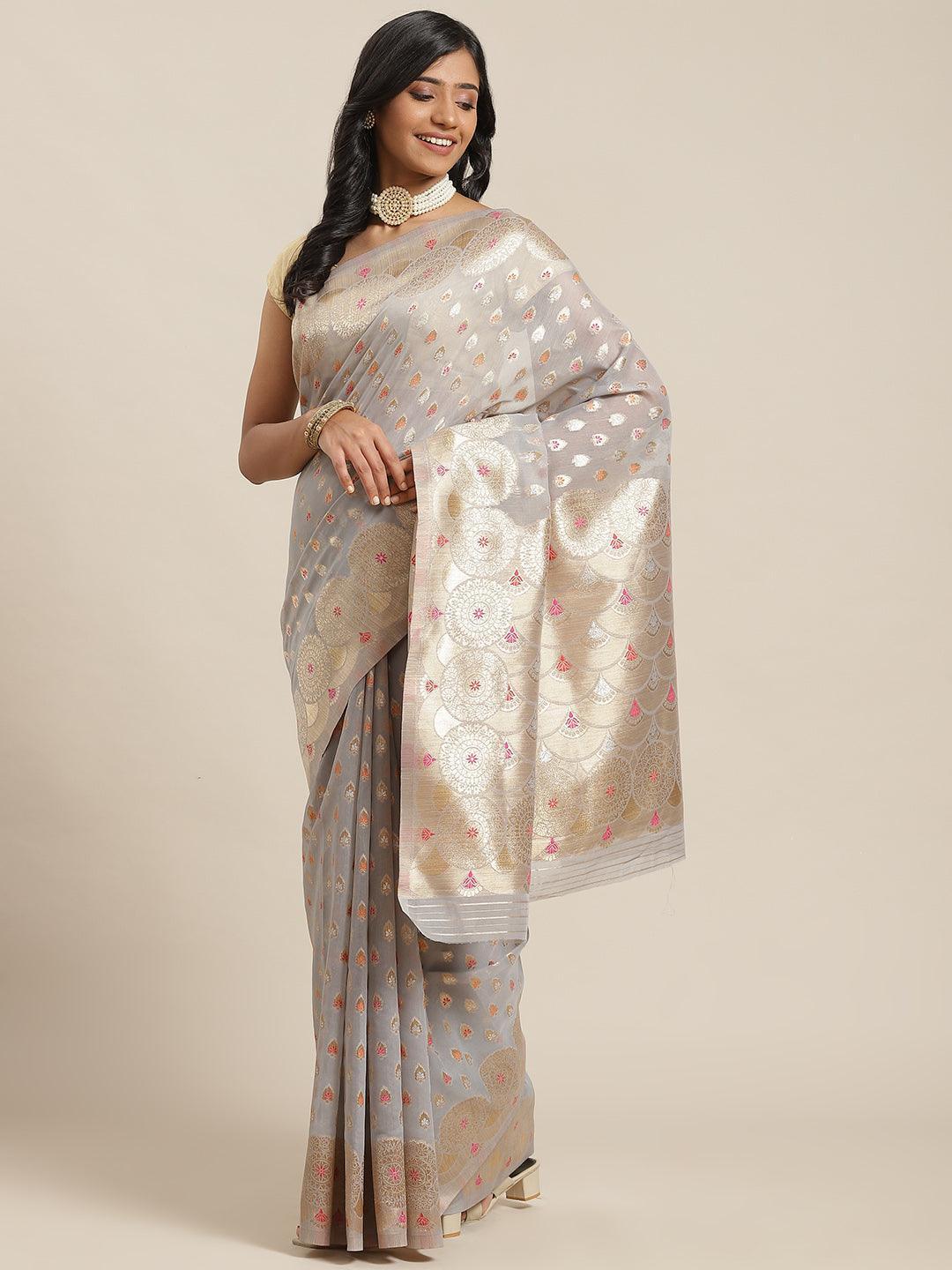 Grey Woven Design Brocade Saree