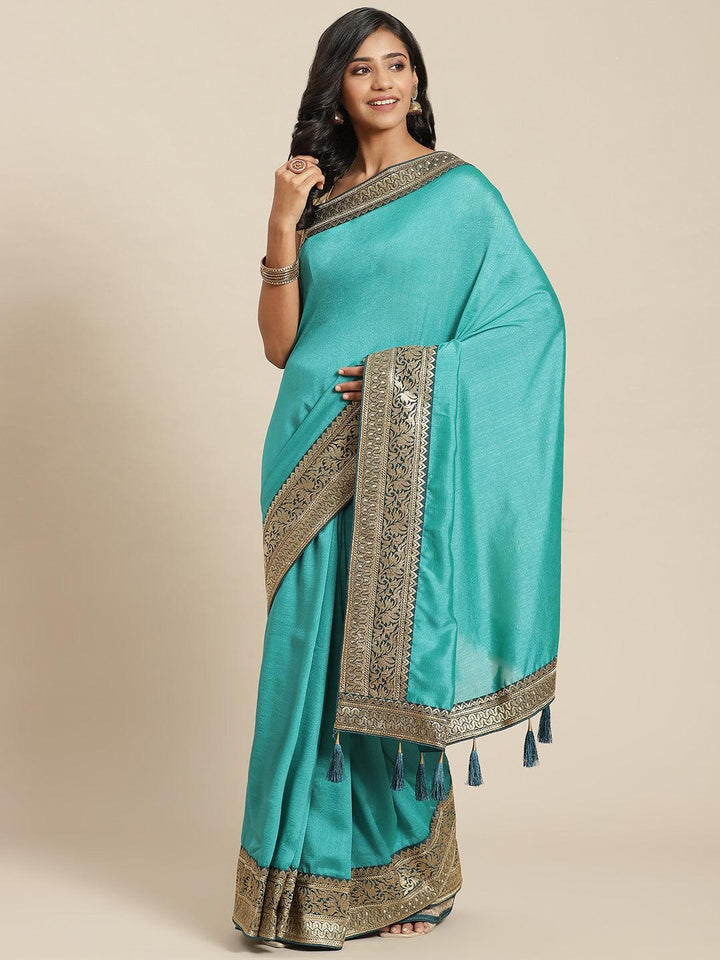 Blue Solid Silk Blend Saree - ShopLibas