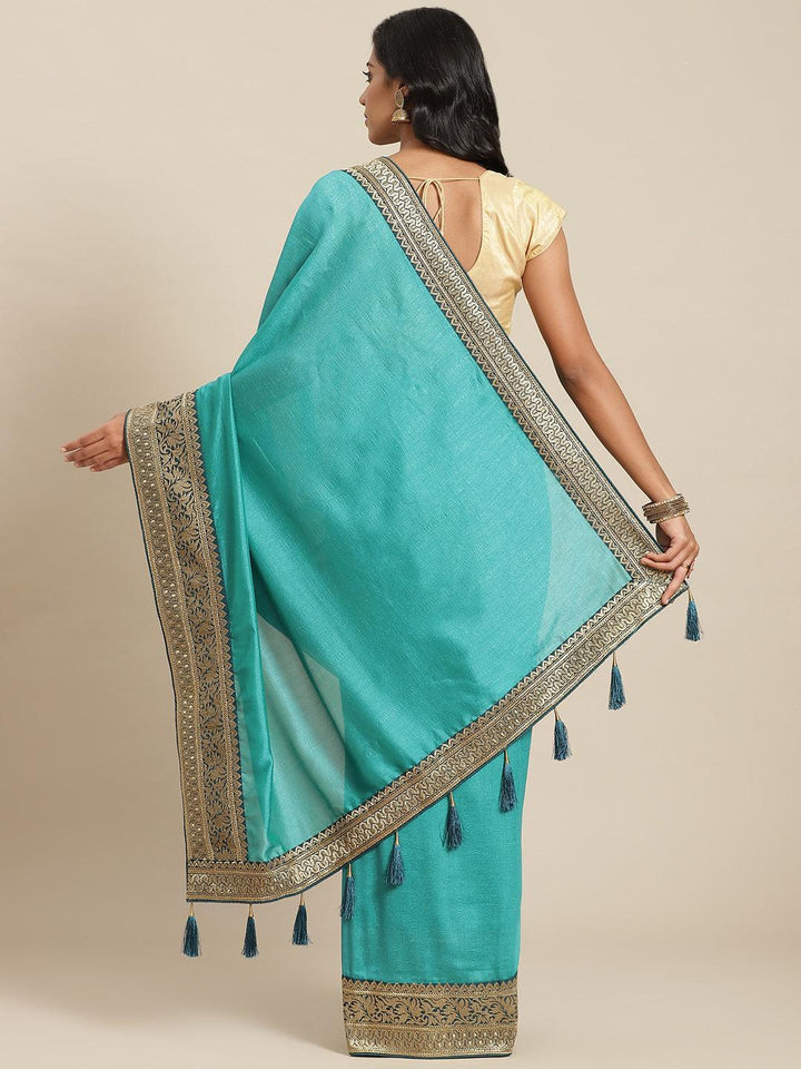 Blue Solid Silk Blend Saree - ShopLibas