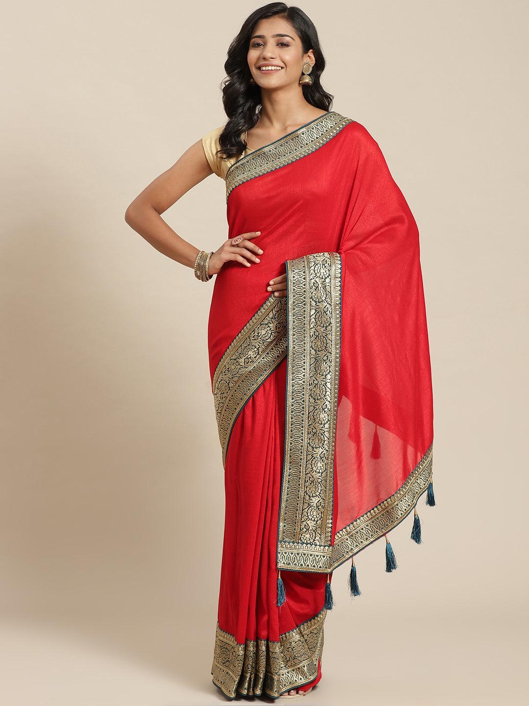 Red Solid Silk Blend Saree