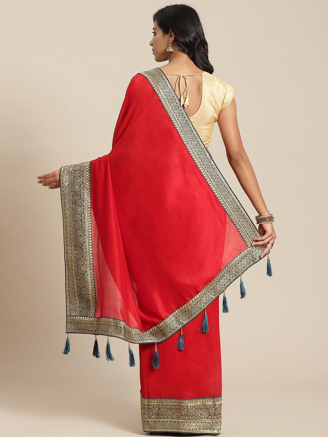 Red Solid Silk Blend Saree