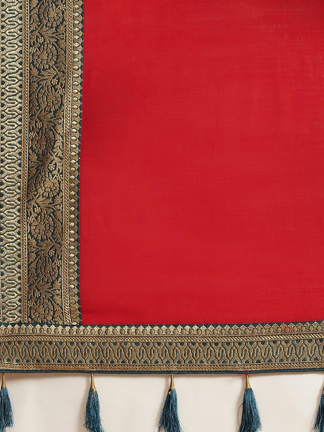 Red Solid Silk Blend Saree