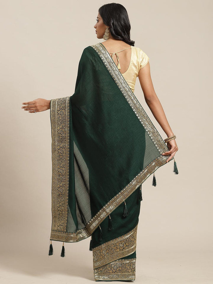 Green Solid Silk Blend Saree - ShopLibas