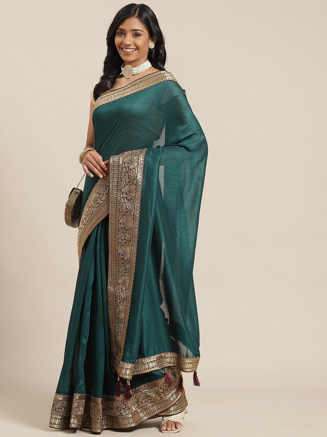 Blue Solid Silk Blend Saree - ShopLibas