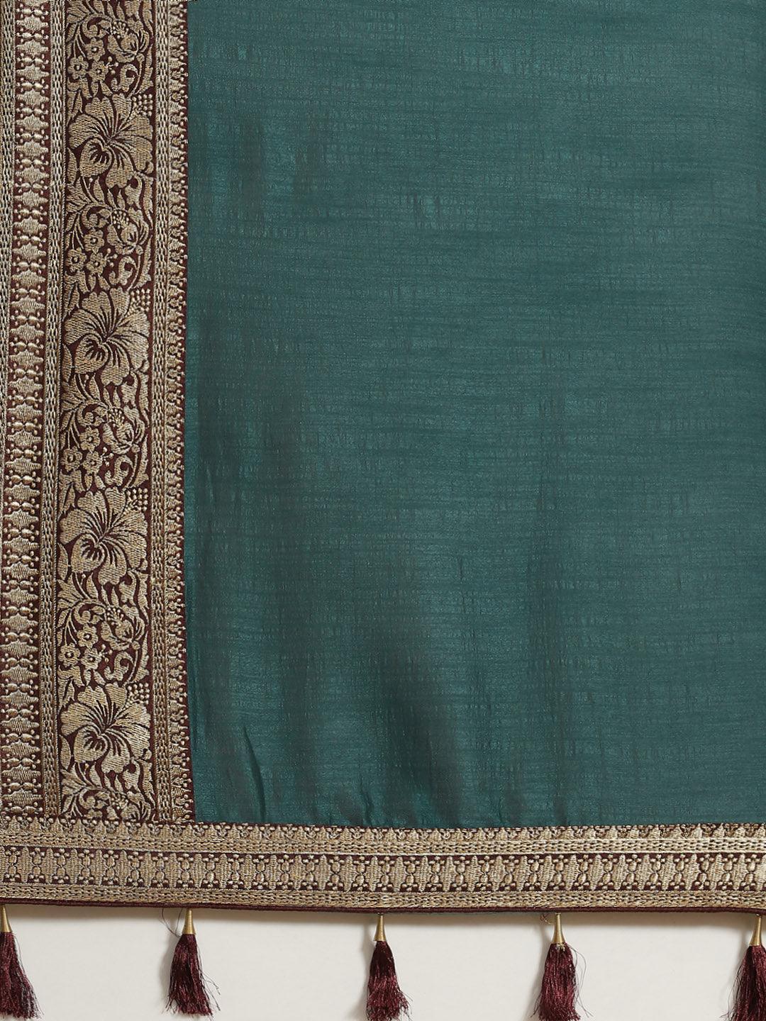 Blue Solid Silk Blend Saree - ShopLibas