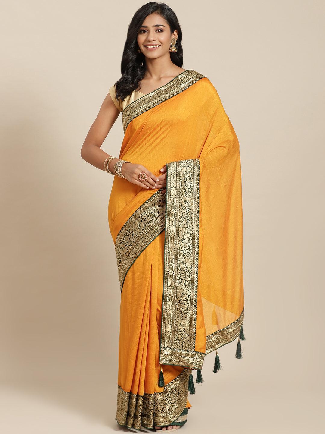 Yellow Solid Silk Blend Saree