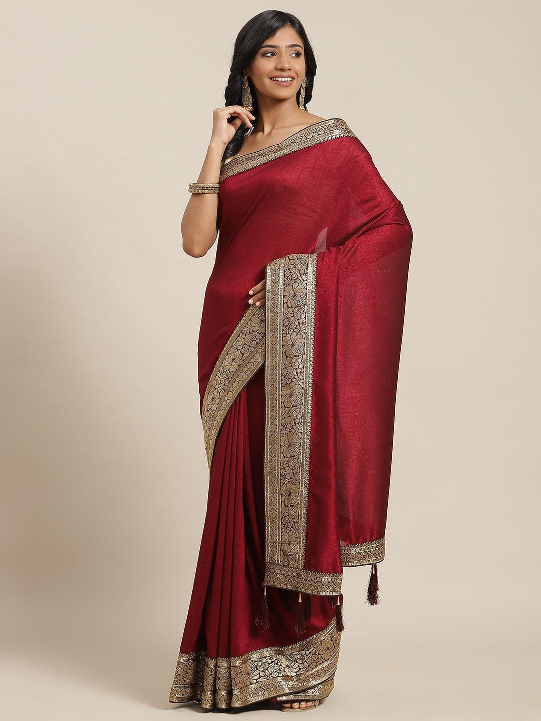 Maroon Solid Silk Blend Saree