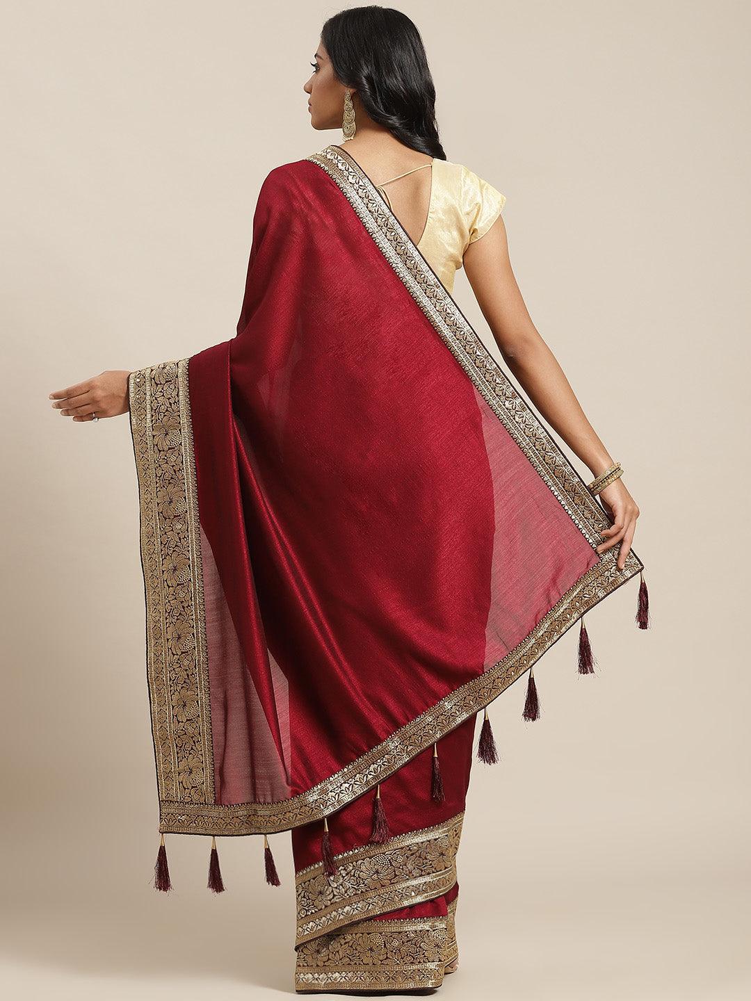 Maroon Solid Silk Blend Saree - ShopLibas