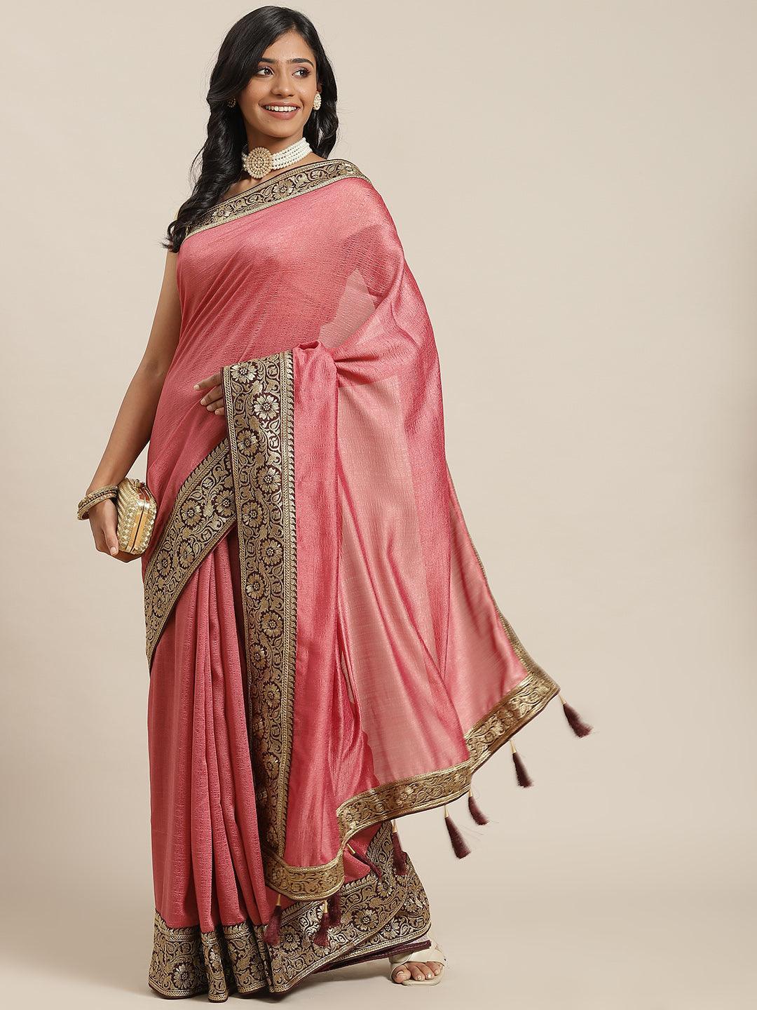 Pink Solid Silk Blend Saree