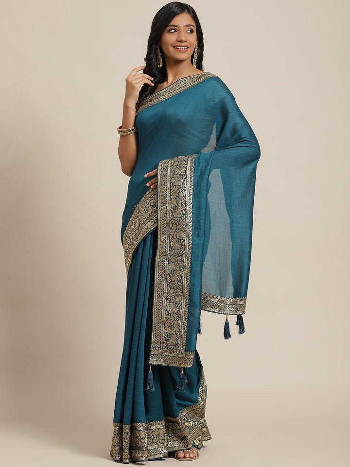 Blue Solid Silk Blend Saree - ShopLibas