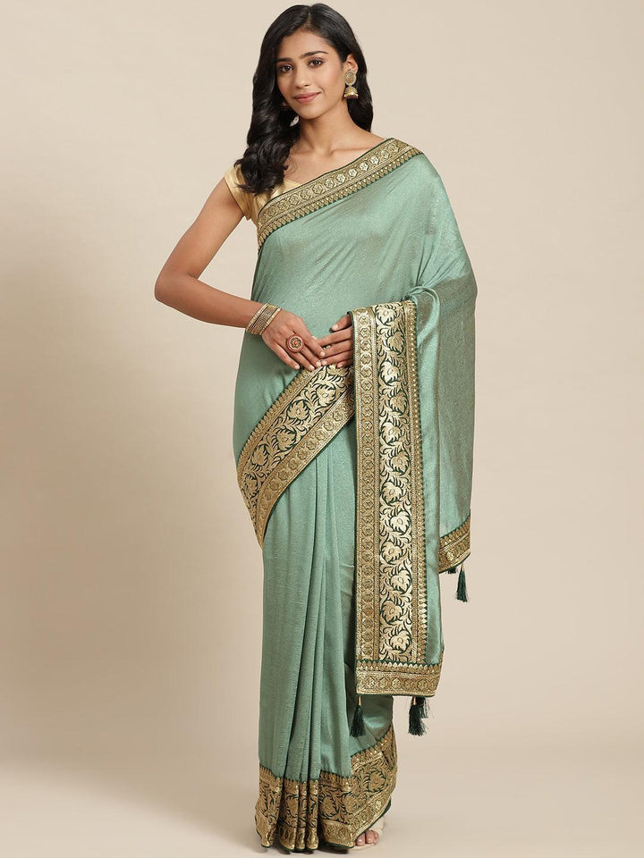 Green Solid Silk Blend Saree - ShopLibas