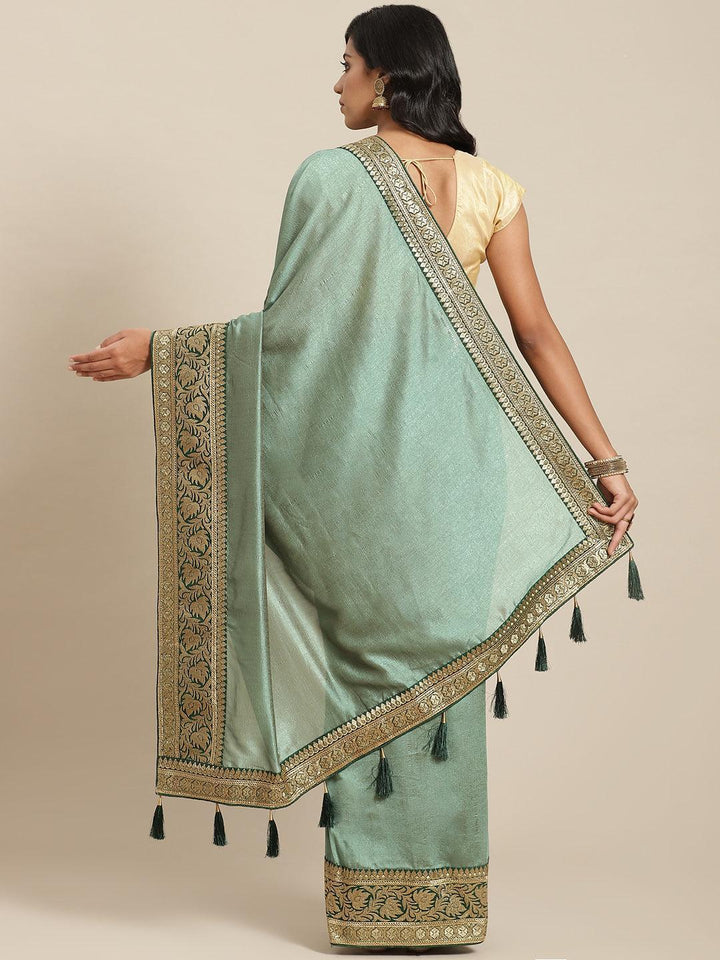 Green Solid Silk Blend Saree - ShopLibas