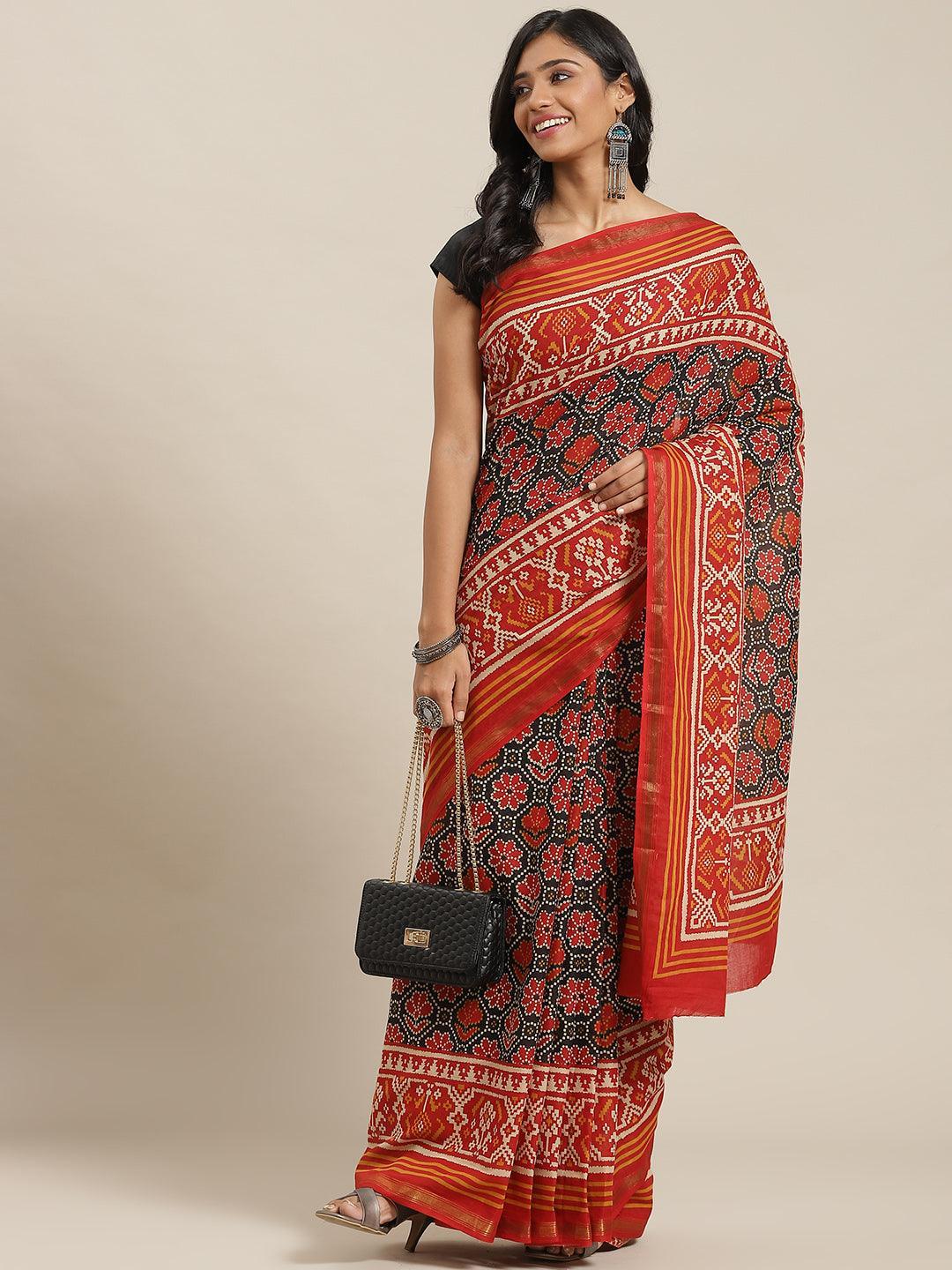 Red Printed Cotton Saree - ShopLibas