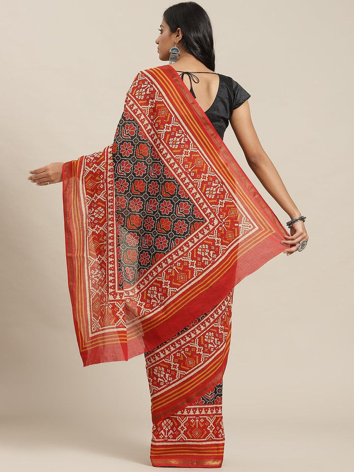 Red Printed Cotton Saree - ShopLibas