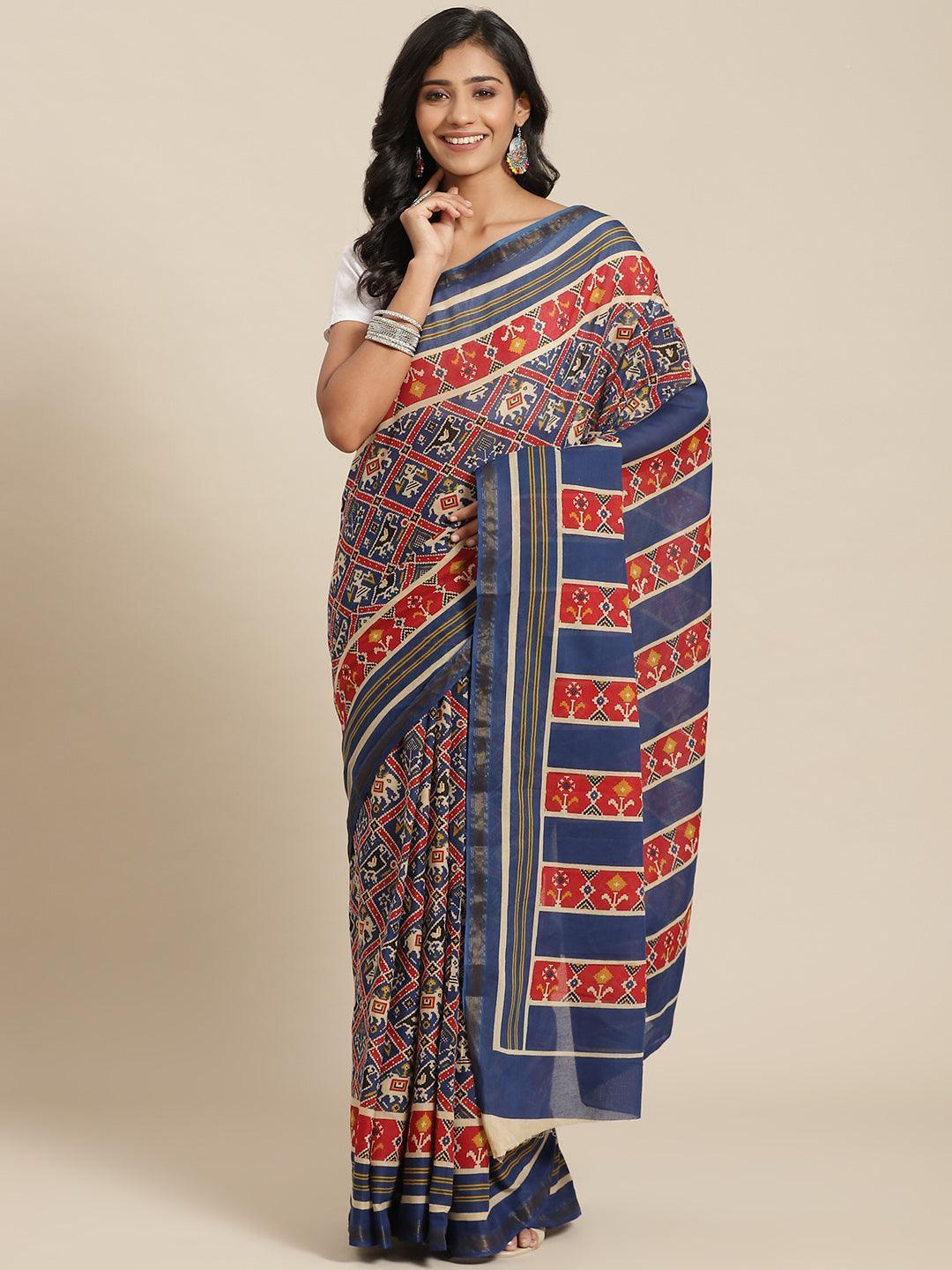 Multicoloured Printed Cotton Saree - ShopLibas