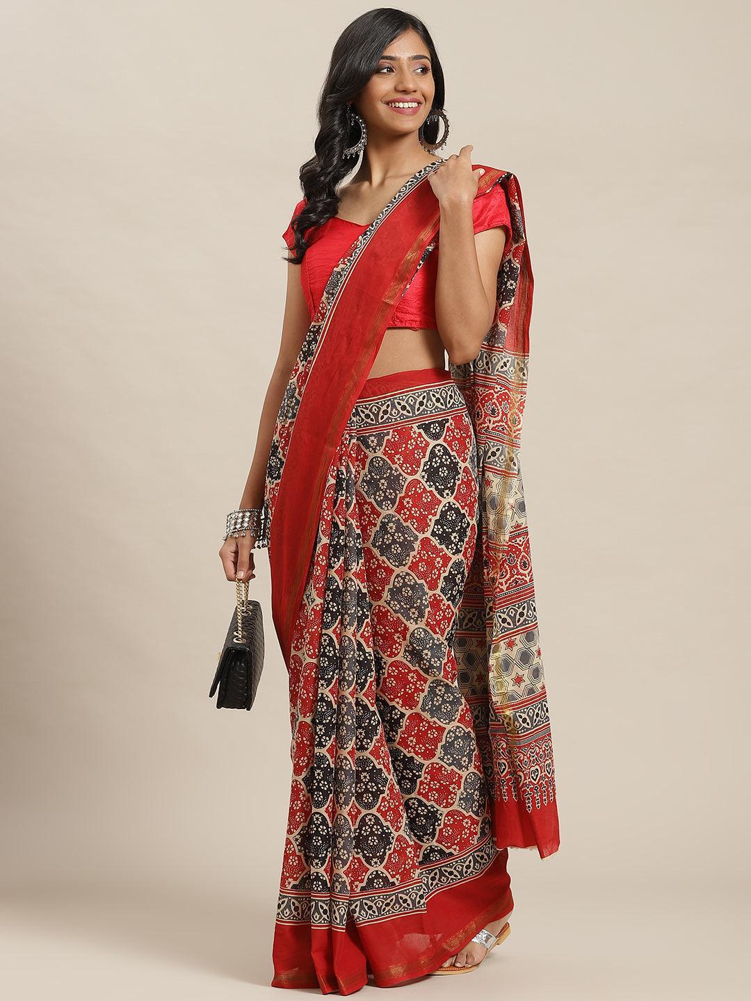 Red Printed Cotton Saree