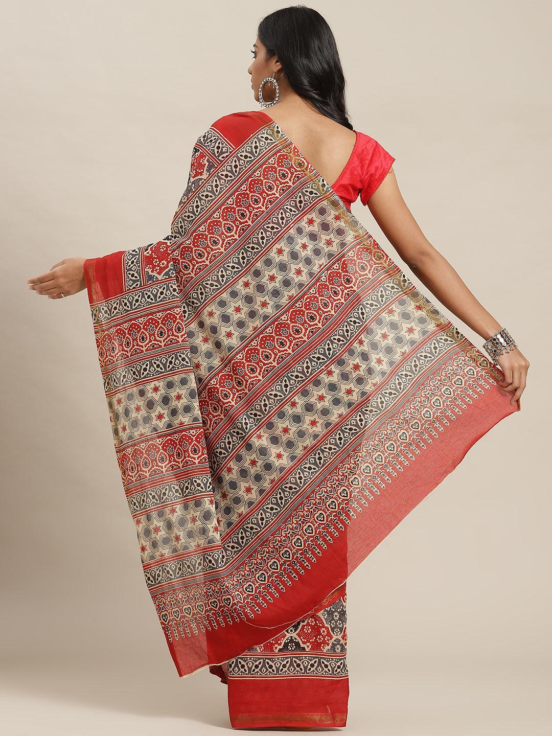 Red Printed Cotton Saree