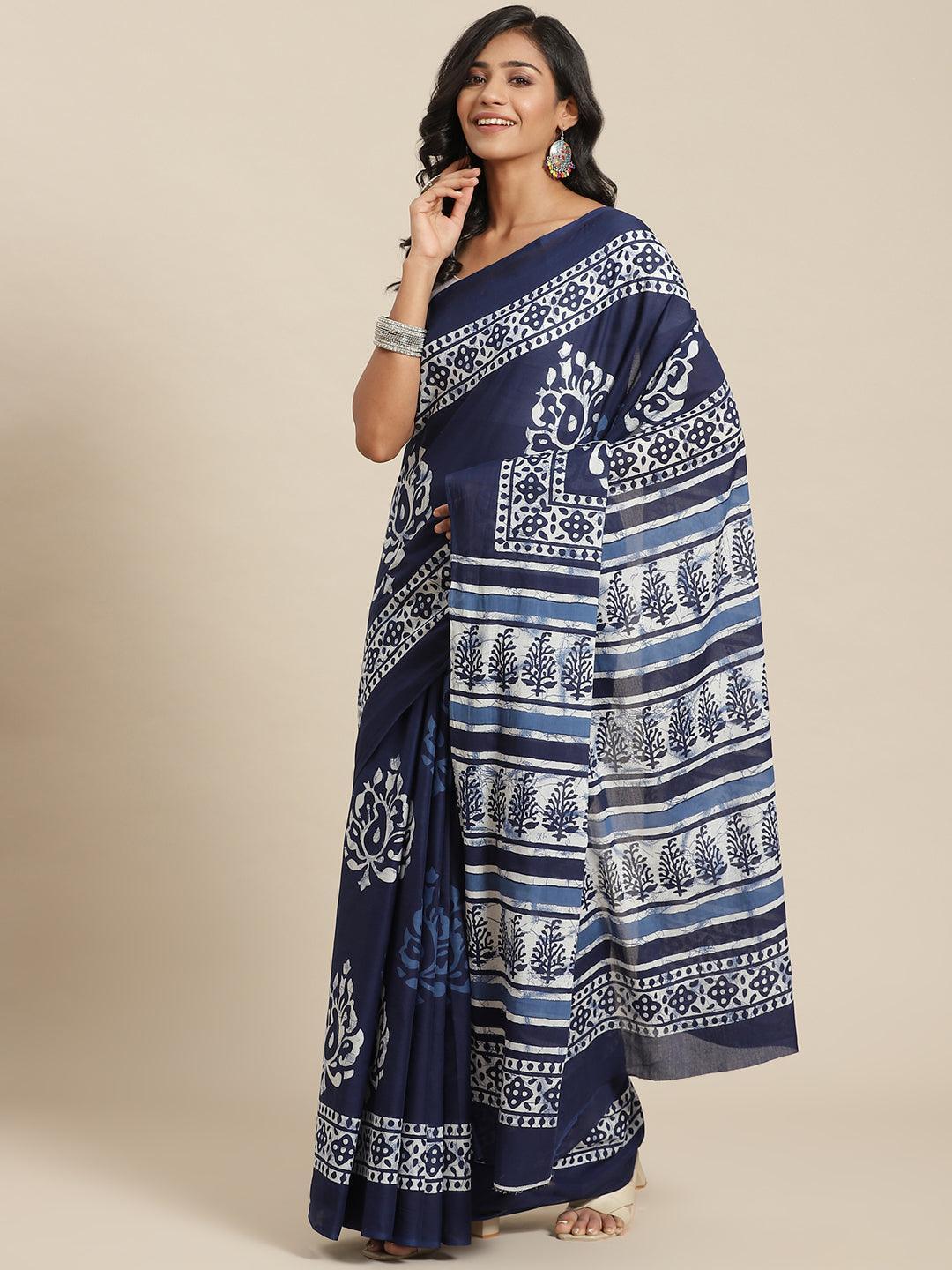 Blue Printed Cotton Saree